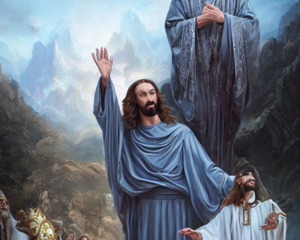 Artwork featuring three robed figures in mystical setting