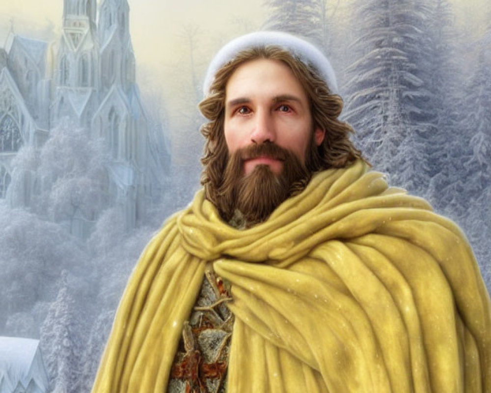 Bearded man in golden shawl against snowy church backdrop