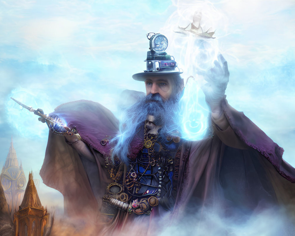 Bearded wizard in steampunk hat casting spell in mystical cityscape