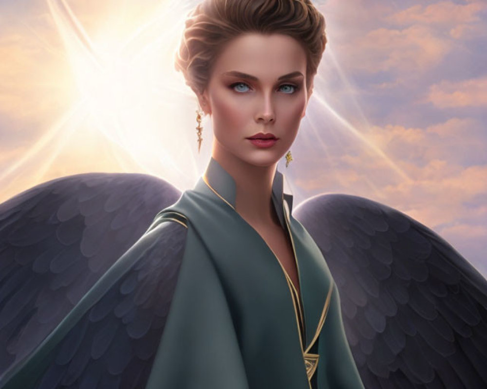 Dark-winged female angel in green cloak with golden jewelry before radiant sun and cross.