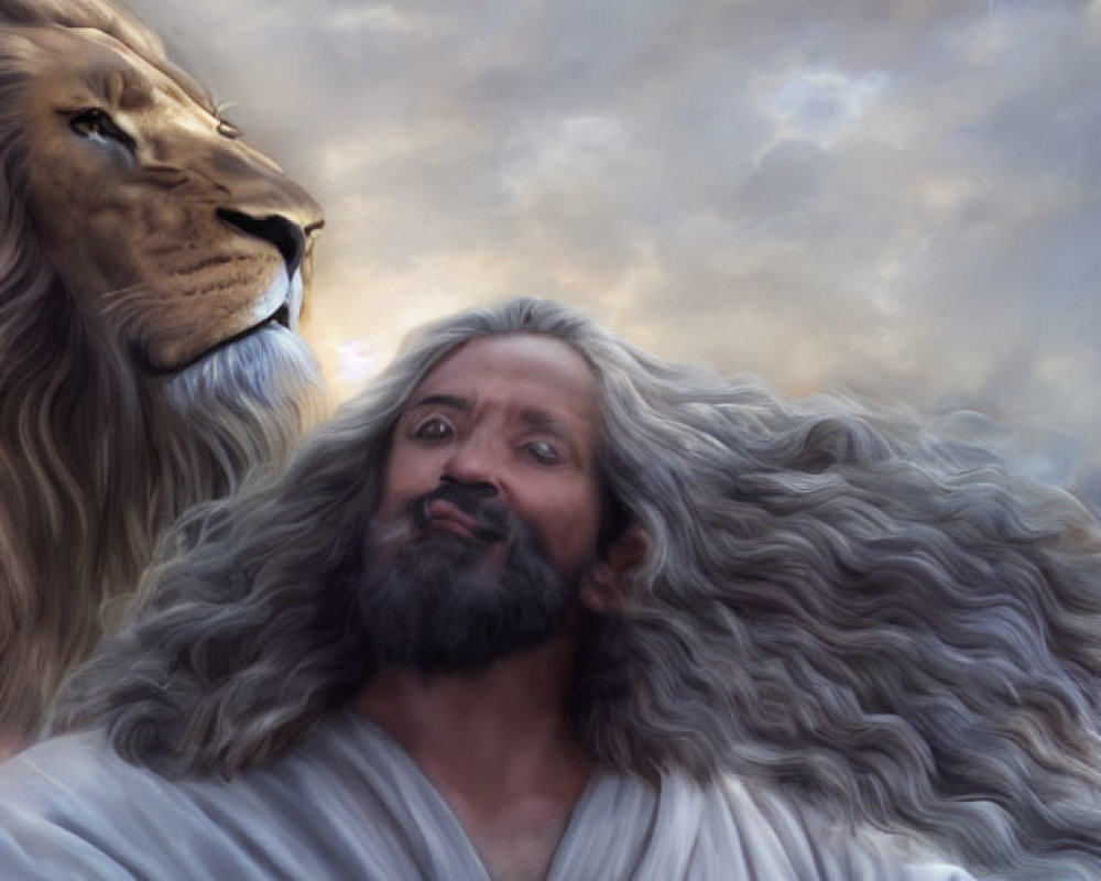 Serene man with long gray hair and lion in white robes under dramatic sky