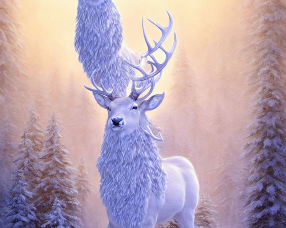 Majestic white stags with impressive antlers in snowy forest