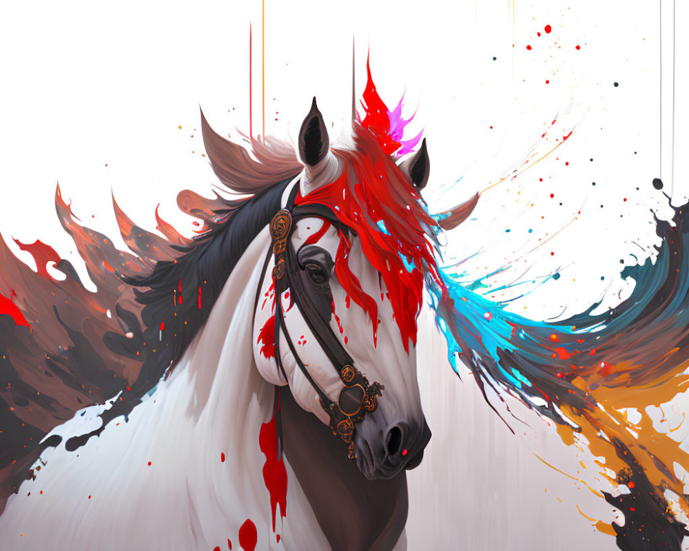 White horse digital artwork with vibrant mane and bridle gear on white background