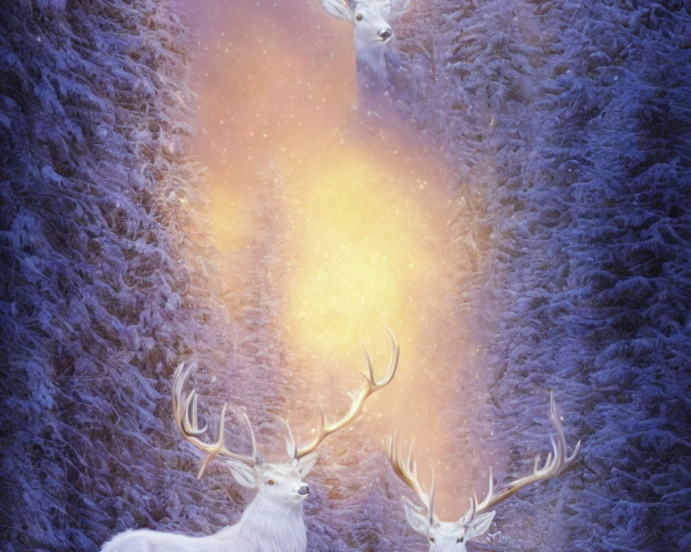 Three White Deer with Luminous Antlers in Snowy Forest with Glowing Portal