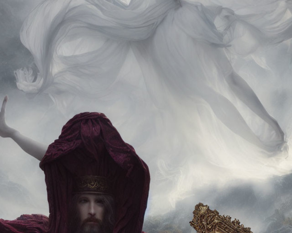 Bearded man in purple robe gazes at ghostly figure in white against stormy sky