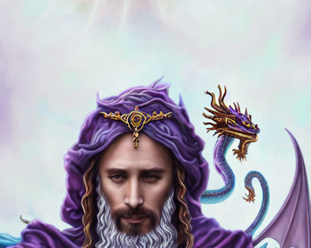 Bearded figure in purple cloak with dragon and mythical creature.