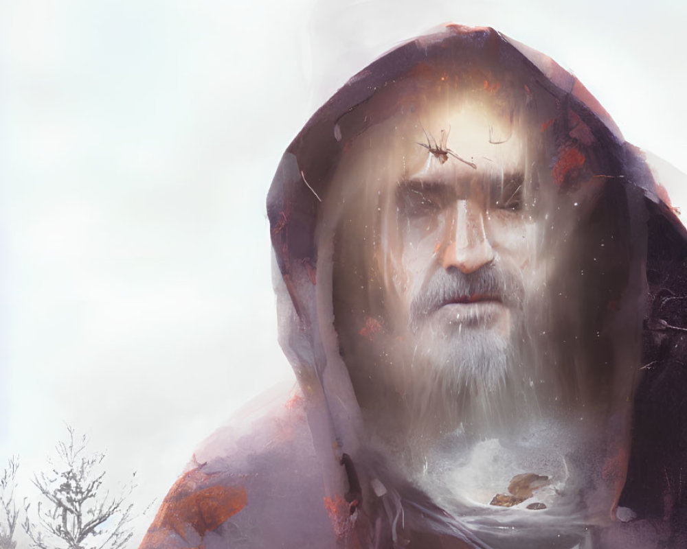 Ethereal image: Bearded man with spider on forehead in hooded cloak