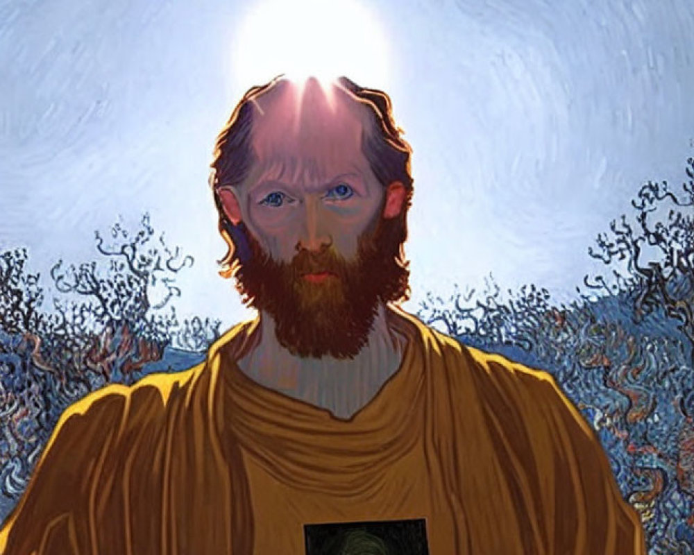 Bearded man in golden robe with swirling blue patterns and bright light