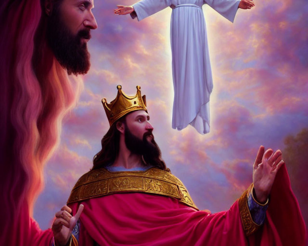 Majestic painting of two crowned figures in heavenly setting