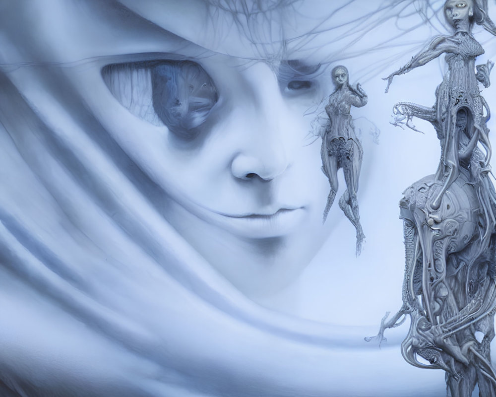 Surreal blue-toned image of eerie face and ethereal figures