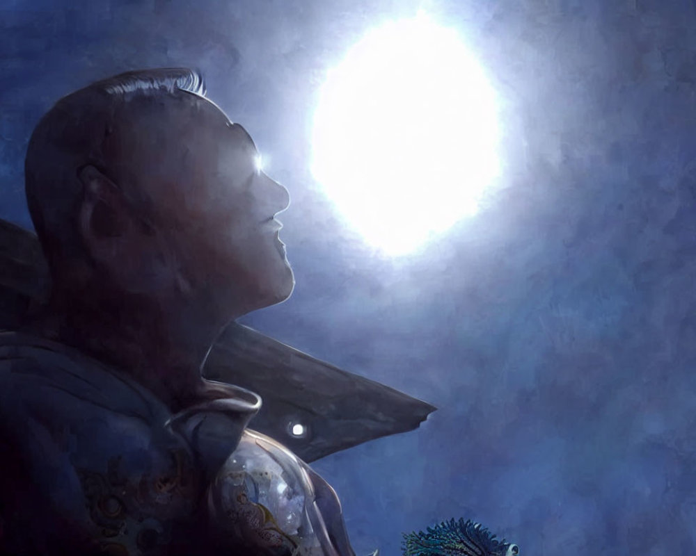 Digital painting of bald figure in armor under large moon