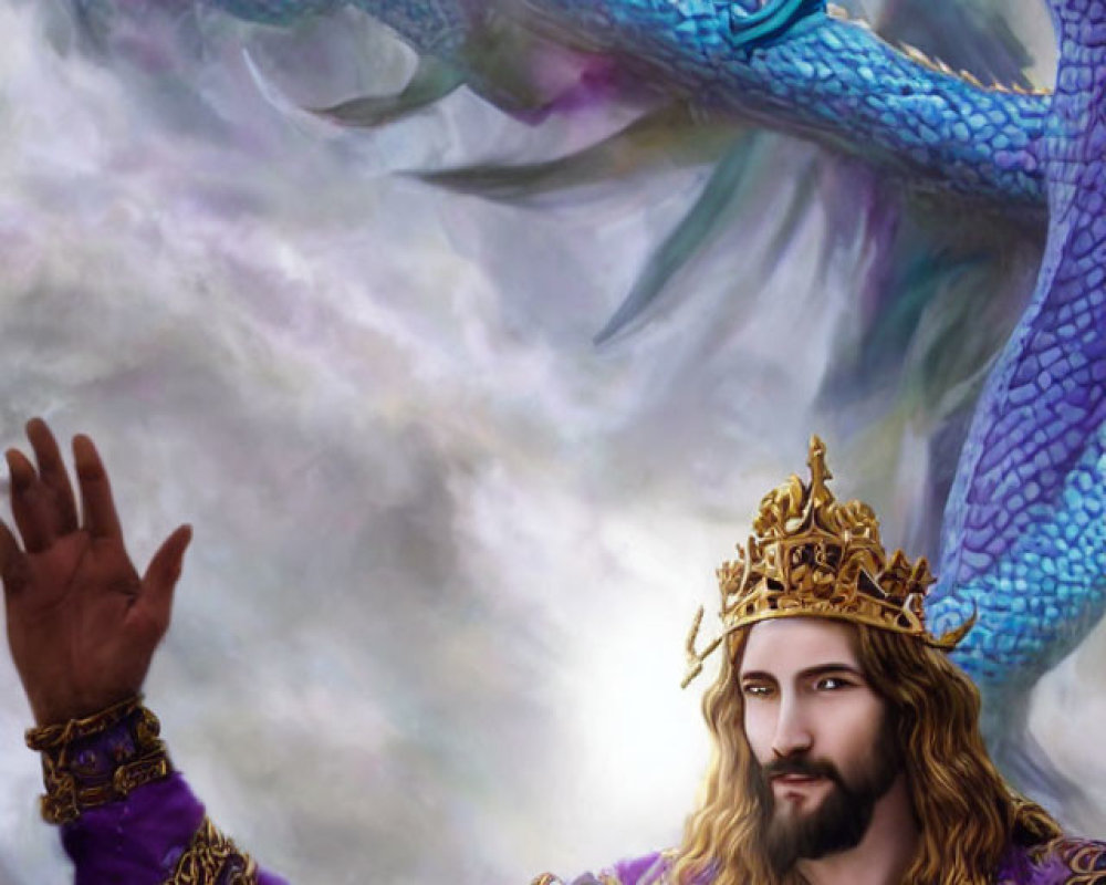 Majestic man in purple robe with golden crown and blue dragon in swirling clouds