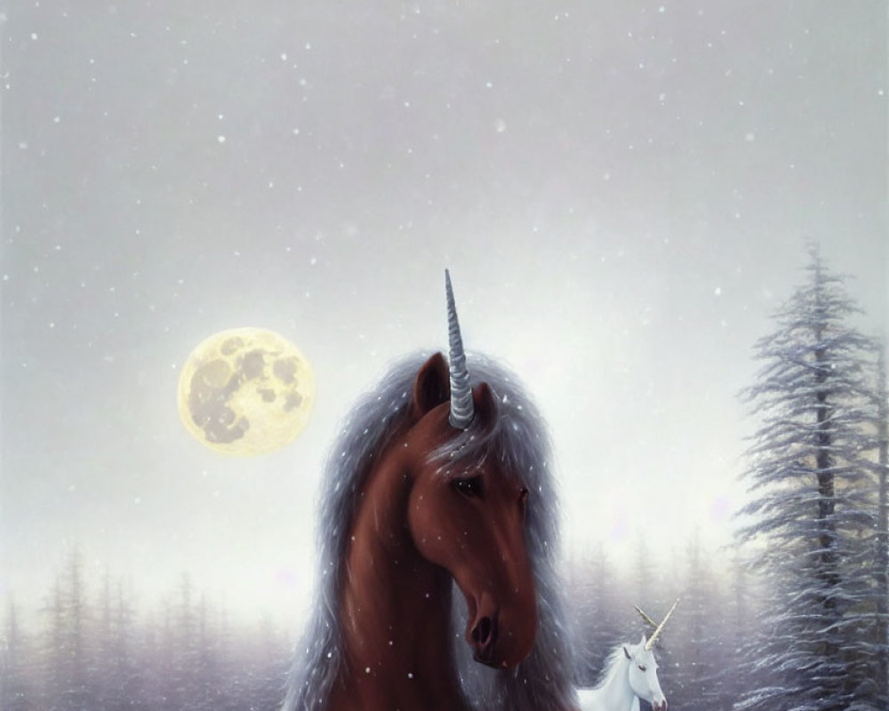 Majestic brown and white unicorns in snowy forest with full moon