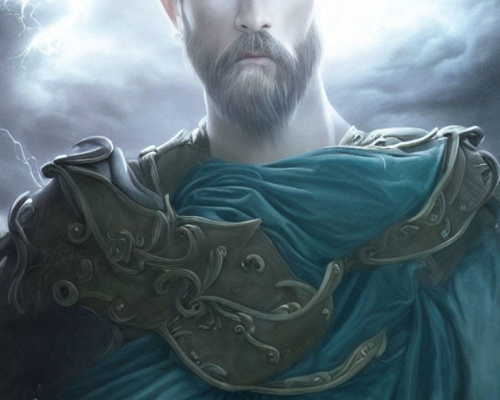 Digital artwork: Serious bearded man in toga with stormy sky and lightning