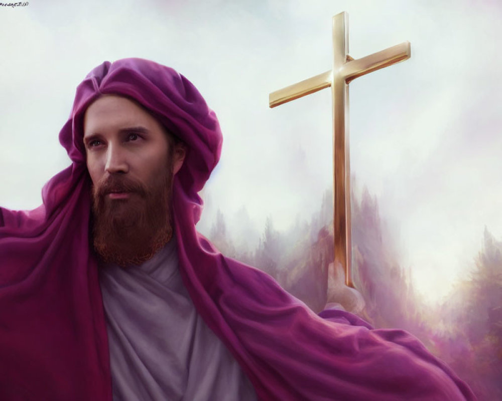 Bearded individual in purple robe with golden cross in misty forested hills