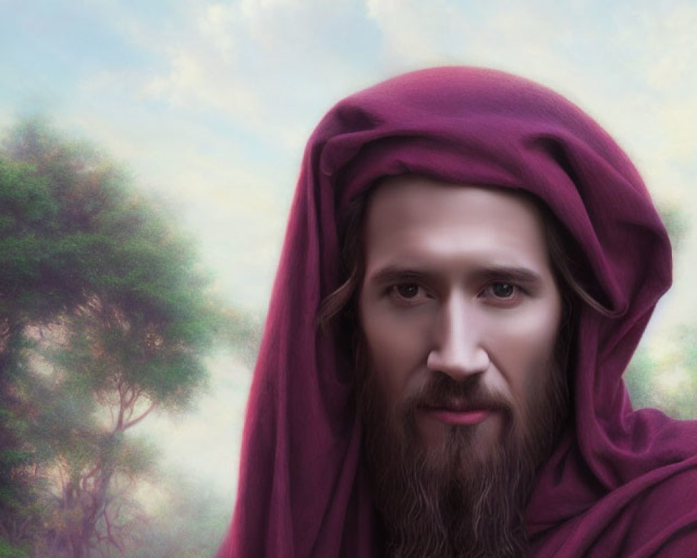 Bearded robed figure gazes under ethereal sky with second figure in serene landscape