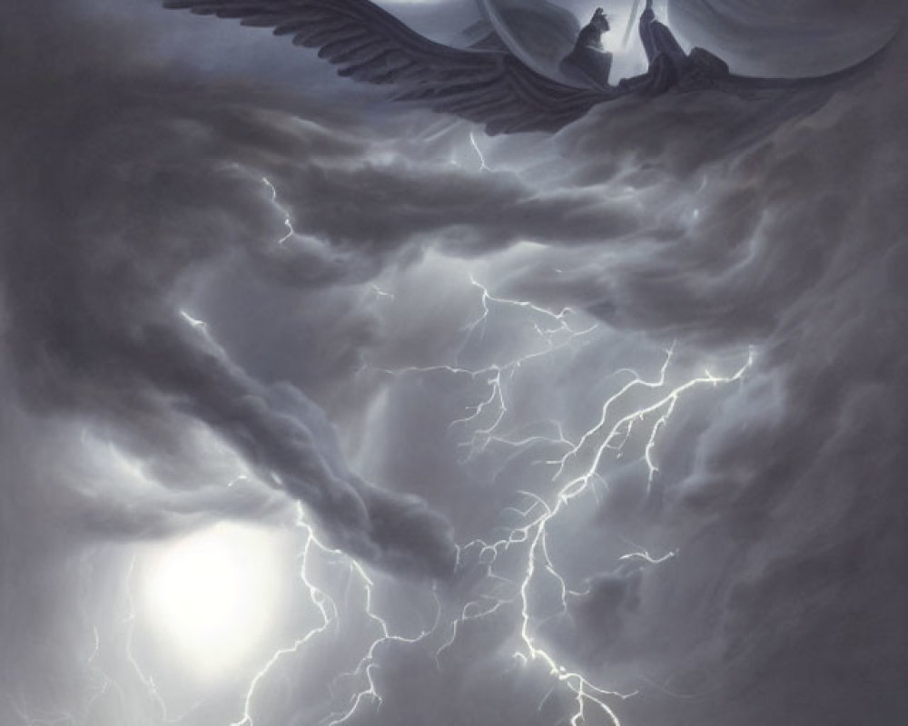 Giant winged creature carrying passengers in stormy skies