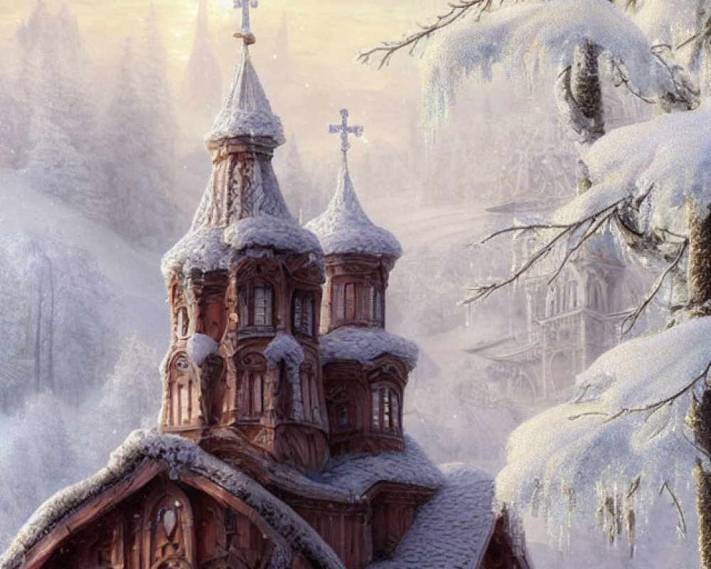 Winter scene: Wooden church in snowy forest with icicles and soft sunlight.