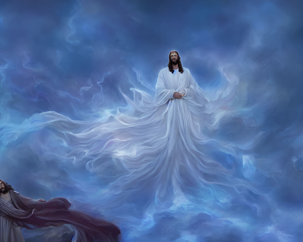 Ethereal image of two figures in flowing robes under stormy sky