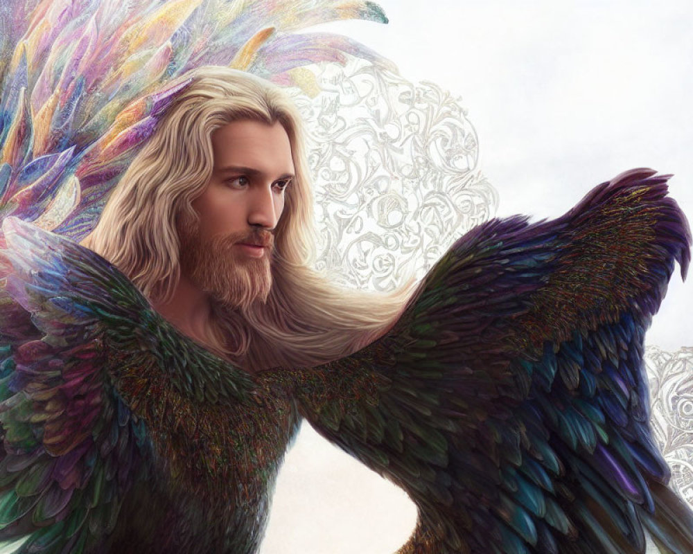 Illustration of person with long, wavy hair and multicolored feathered wings