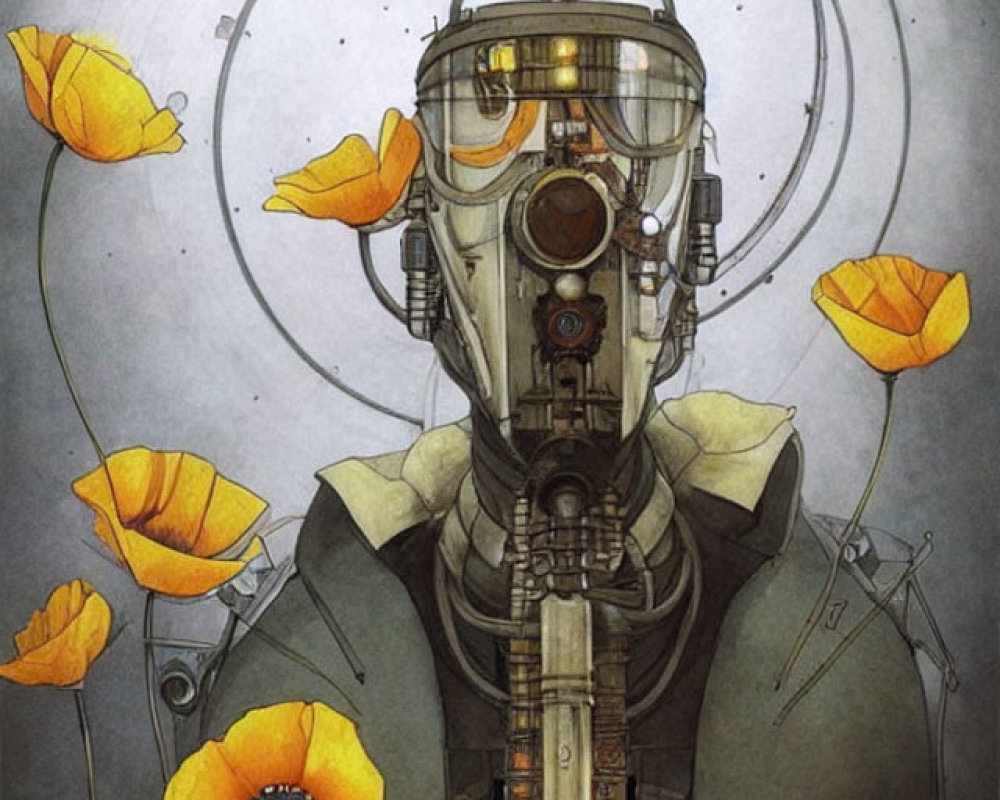 Robotic figure with gas mask surrounded by orange poppies on grey backdrop