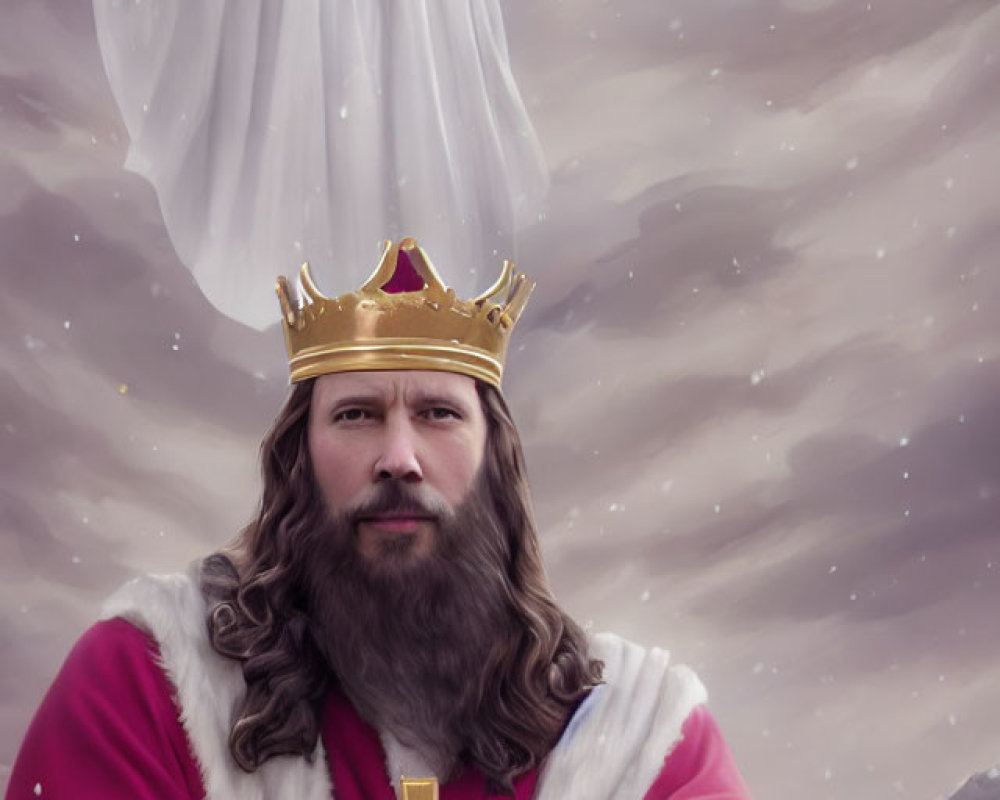 Bearded man in king costume with golden cross near ethereal figure in clouds