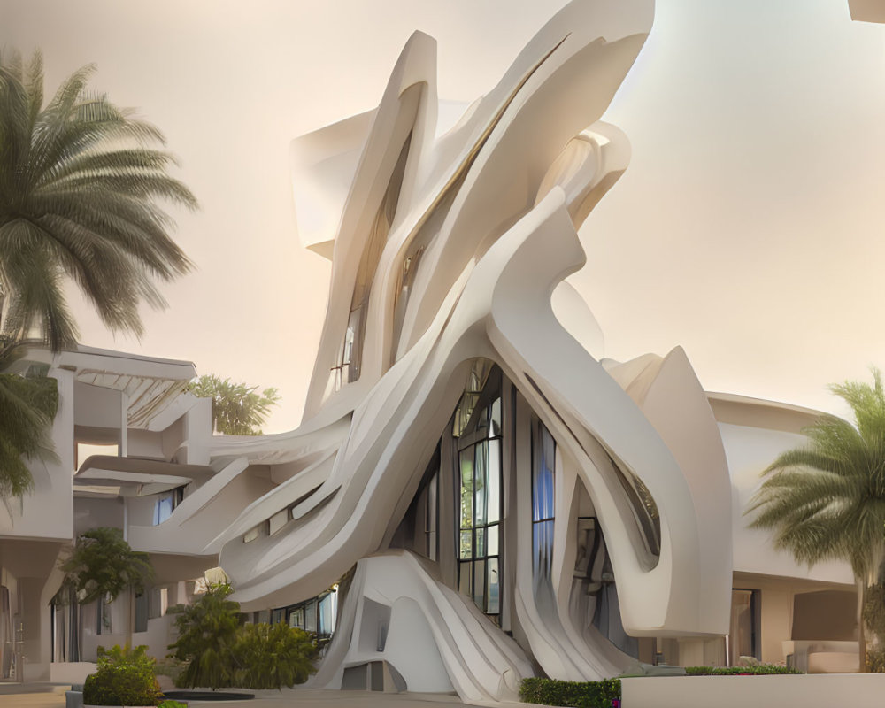 Dynamic white facade on modern building with palm trees in sunset.