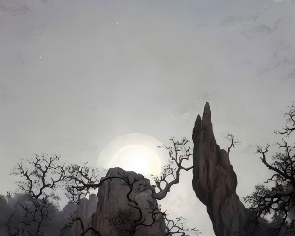 Mystical scene of bare trees, rock spires, full moon, and dusk sky