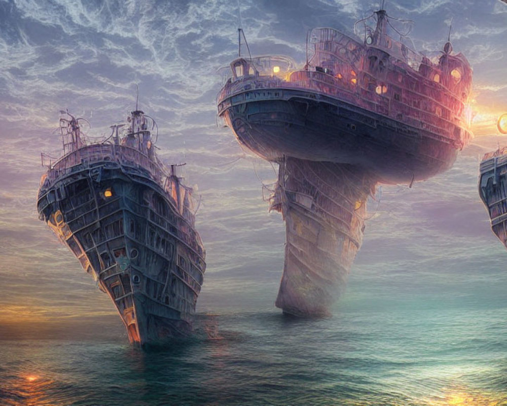 Vertical Ships Emerging from Sea at Sunrise