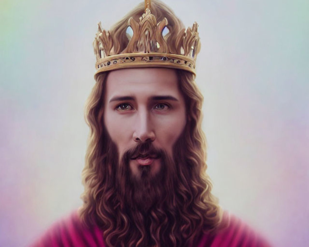 Man with Long Hair and Beard in Gold Crown and Red Robe Praying on Multicolored Background