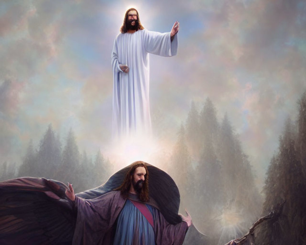 Digital artwork of Jesus-like figure with outstretched arms above another figure in misty woods.