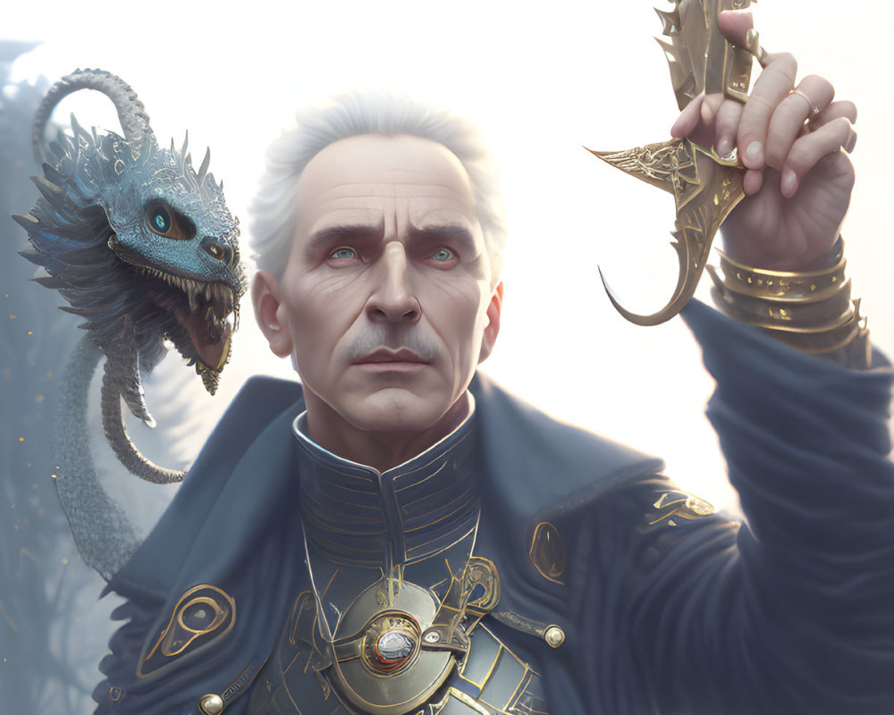 Elder man with white hair holding a knife, blue dragon on shoulder