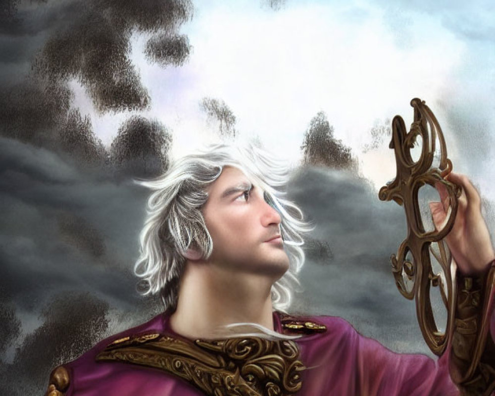 White-haired man in purple cloak holding ornate mask under dark clouds