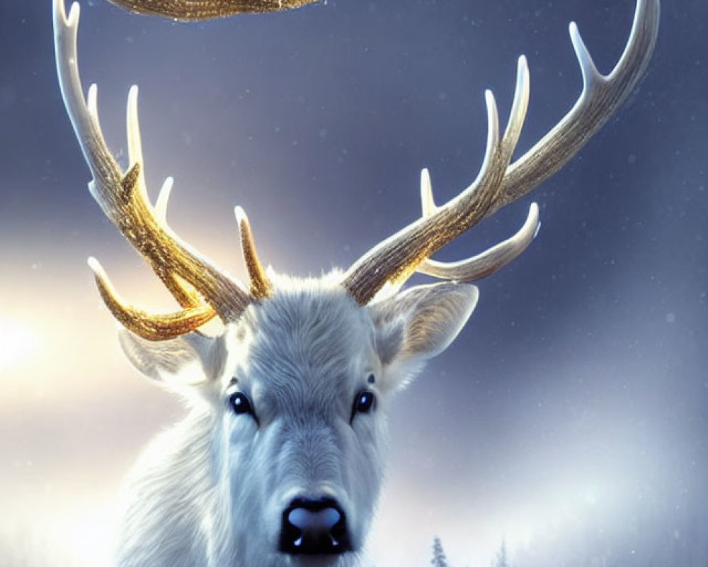 White Stag with Golden Antlers in Snowy Landscape