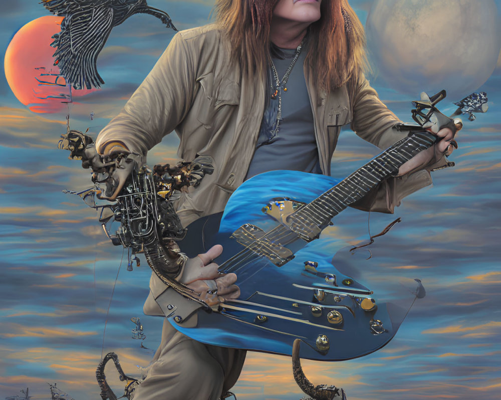 Long Red-Haired Person Playing Electric Guitar with Mechanical Arms in Surreal Sunset Setting