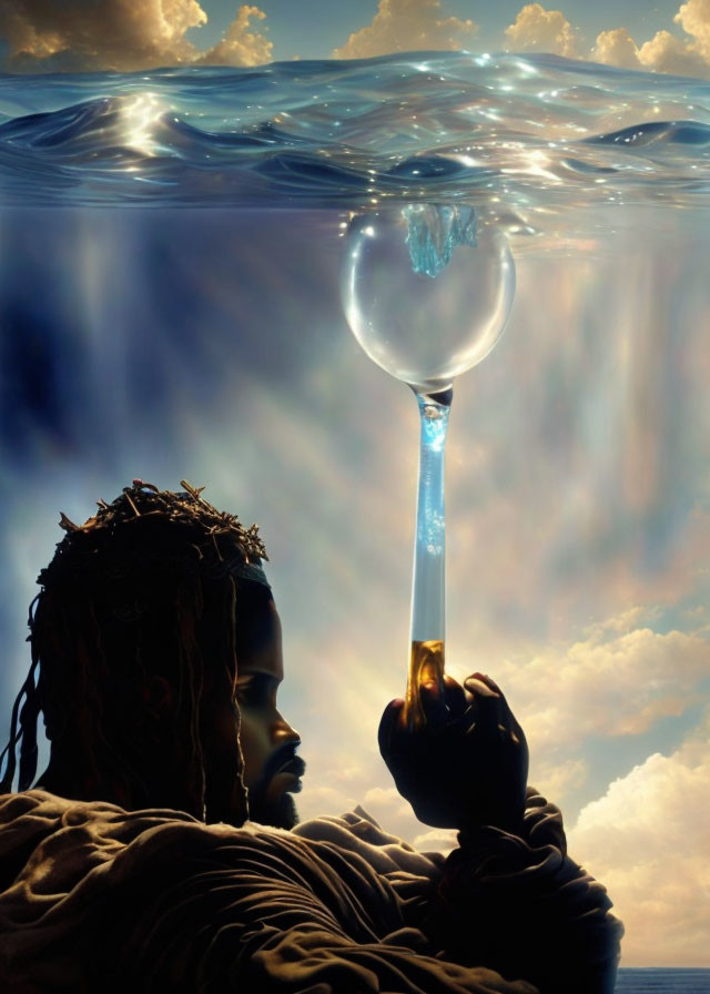 Contemplative person with dreadlocks gazes at water droplet in surreal skyscape