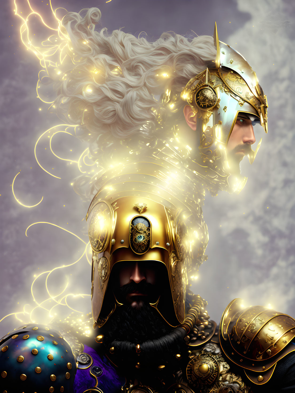 Golden-helmeted warriors with white beards in radiant light.