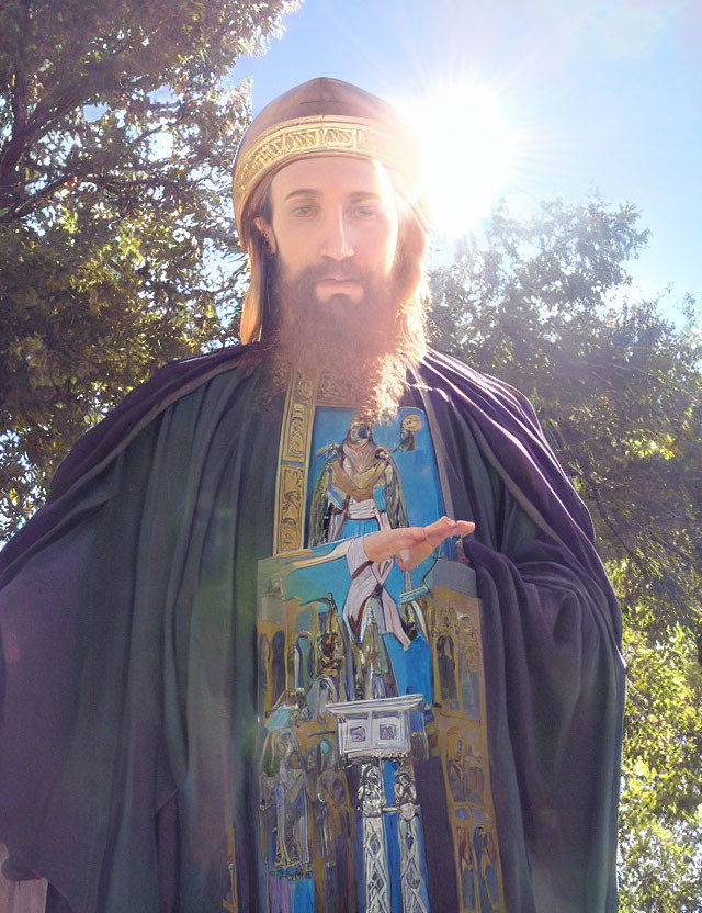 Serene figure in crown and blue robe against tree backdrop