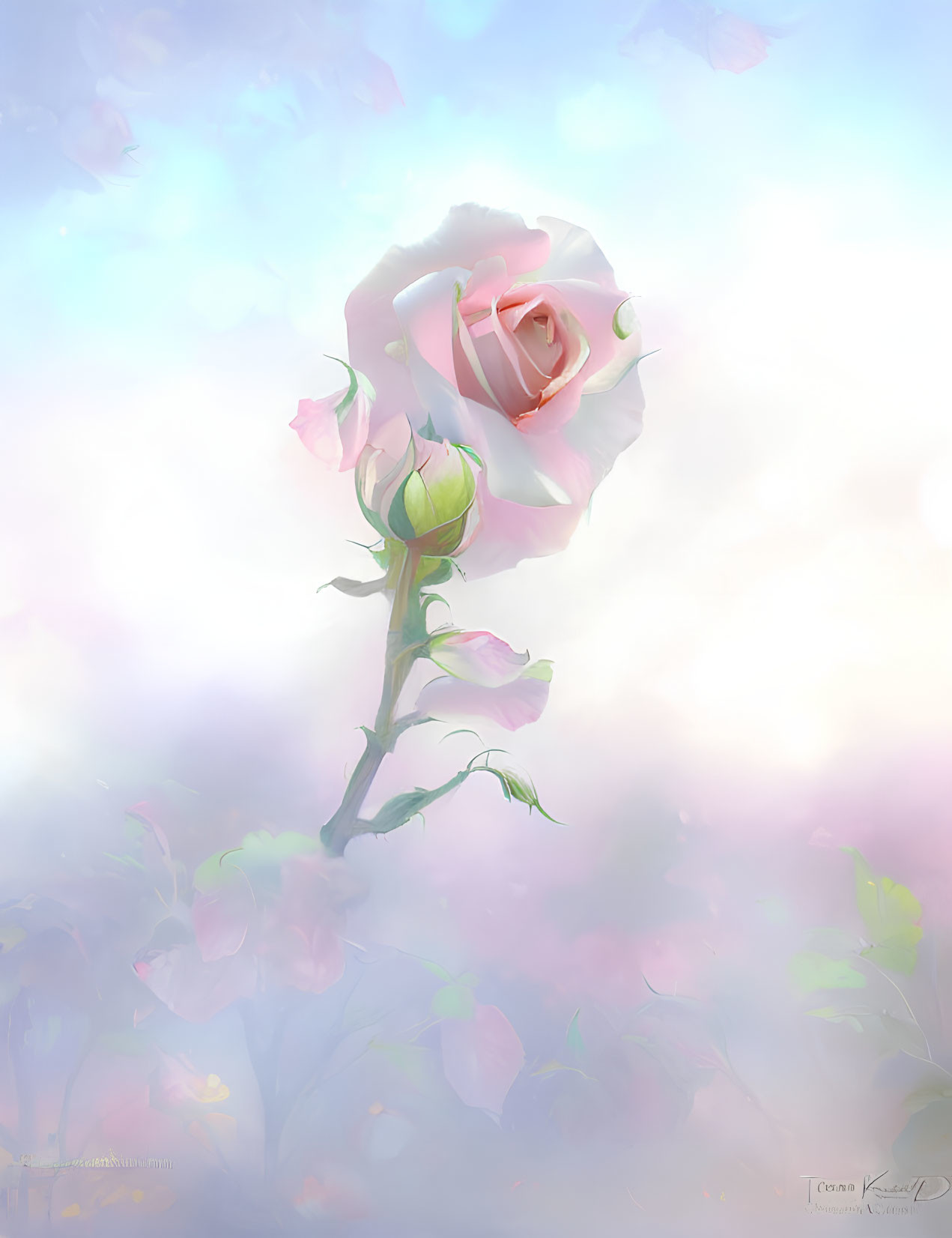 Pink rose in full bloom with soft-focus pastel background