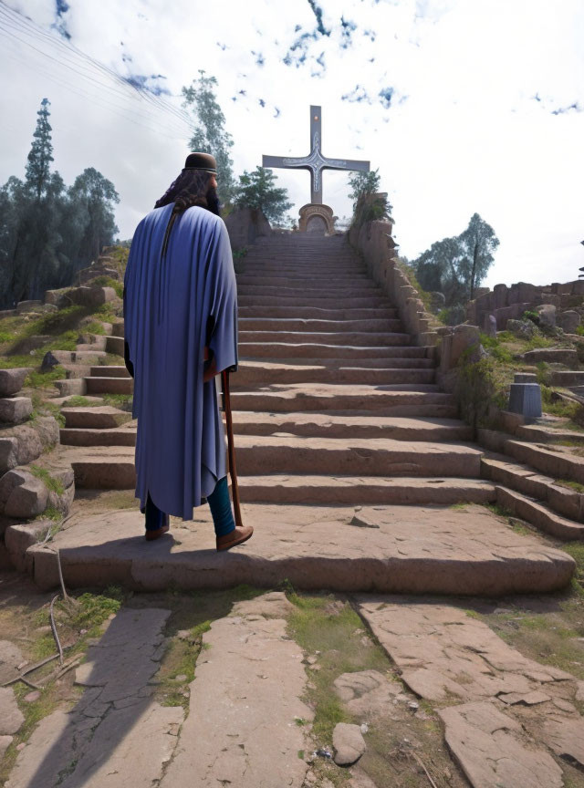 Person in Blue Cloak Ascending Outdoor Steps to Large Cross