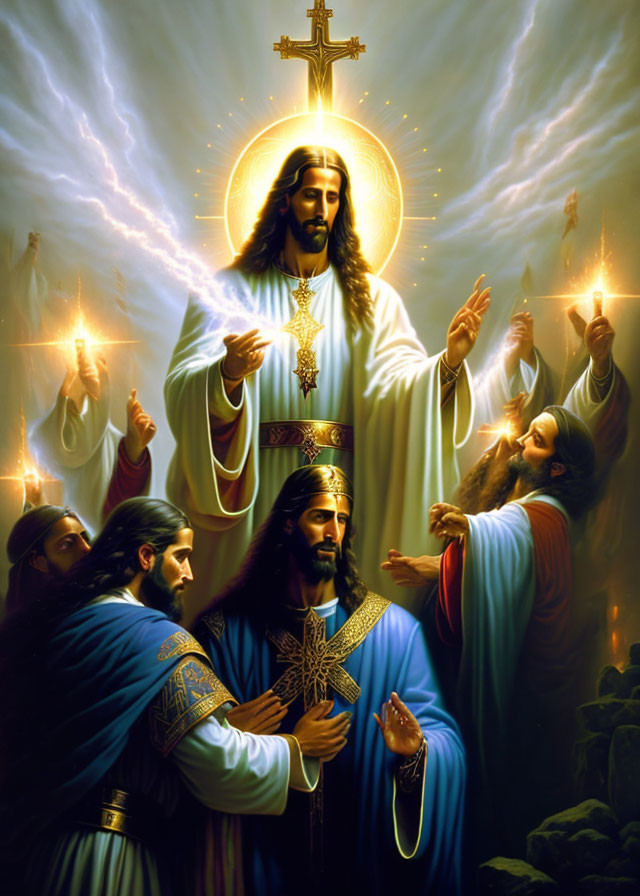 Religious painting depicting Jesus with glowing cross and followers