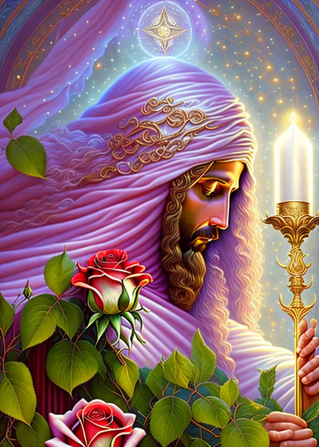 Spiritual illustration: robed figure with glowing aura, candlestick, roses, mystical symbols