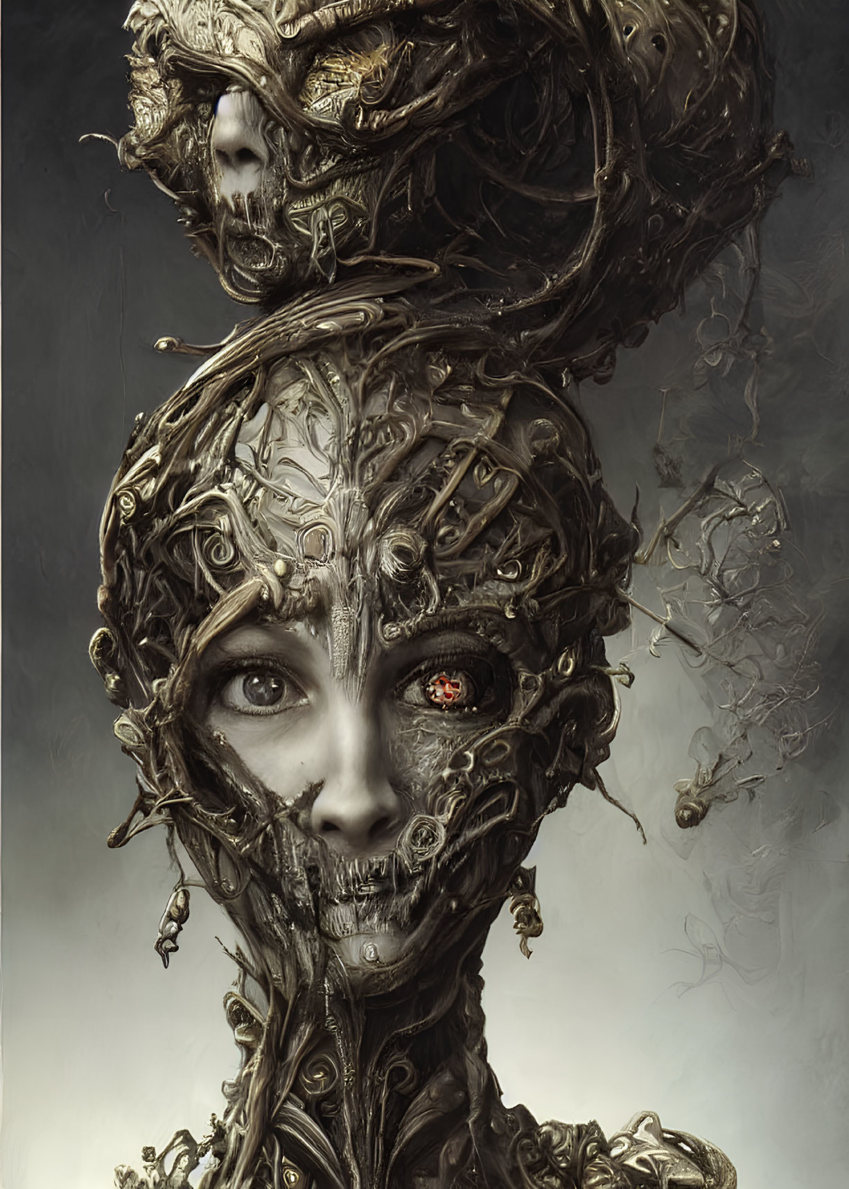 Surreal portrait of figure with metallic ornamentation and mechanical eye