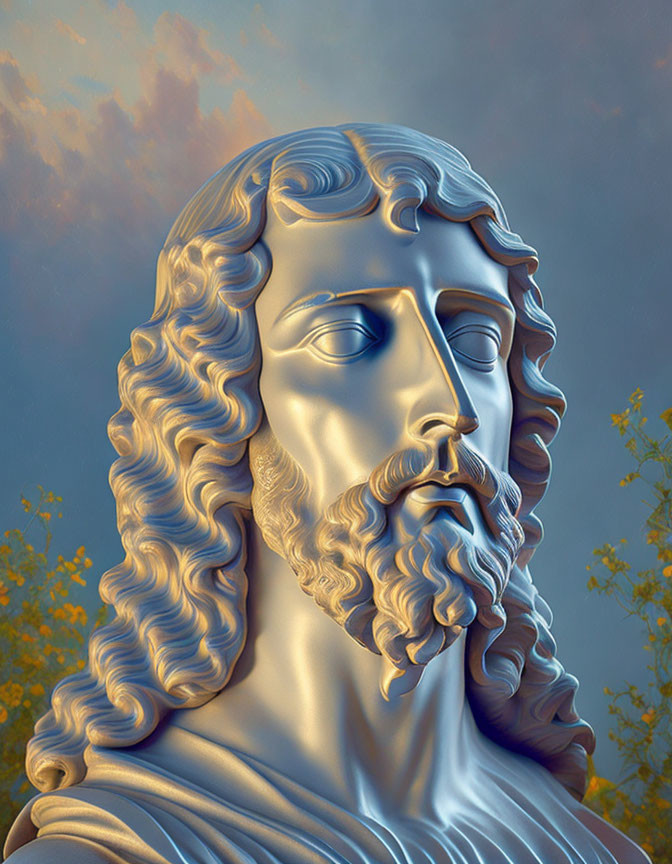 Stylized 3D rendering of bearded male statue with wavy hair against cloudy sky