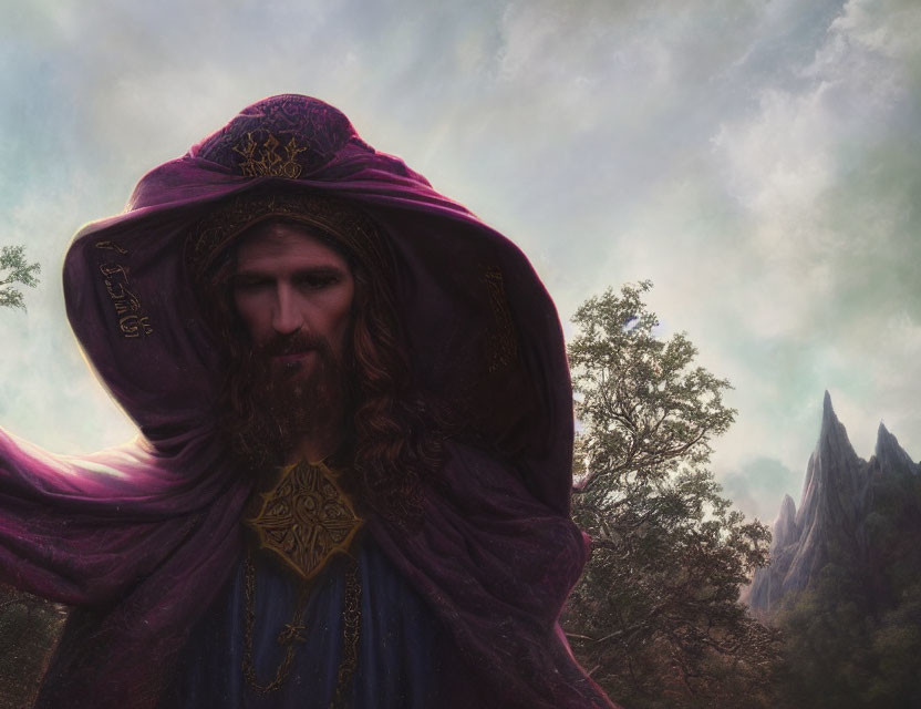 Bearded man in purple cloak with gold embroidery in misty forest.