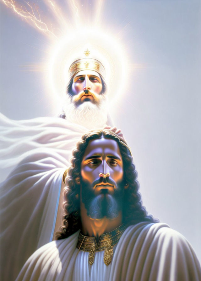 Two religious figures in white robes with halos against radiant light background