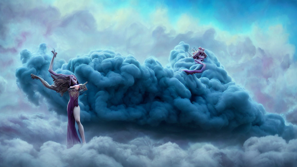 Ethereal figures on billowing cloud in colorful sky