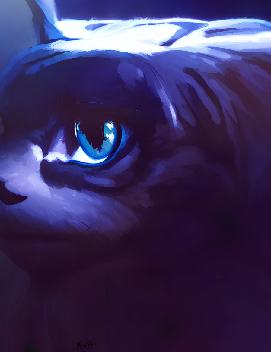 Close-Up Cat Face with Glowing Blue Eye in Dark and Purple Tones