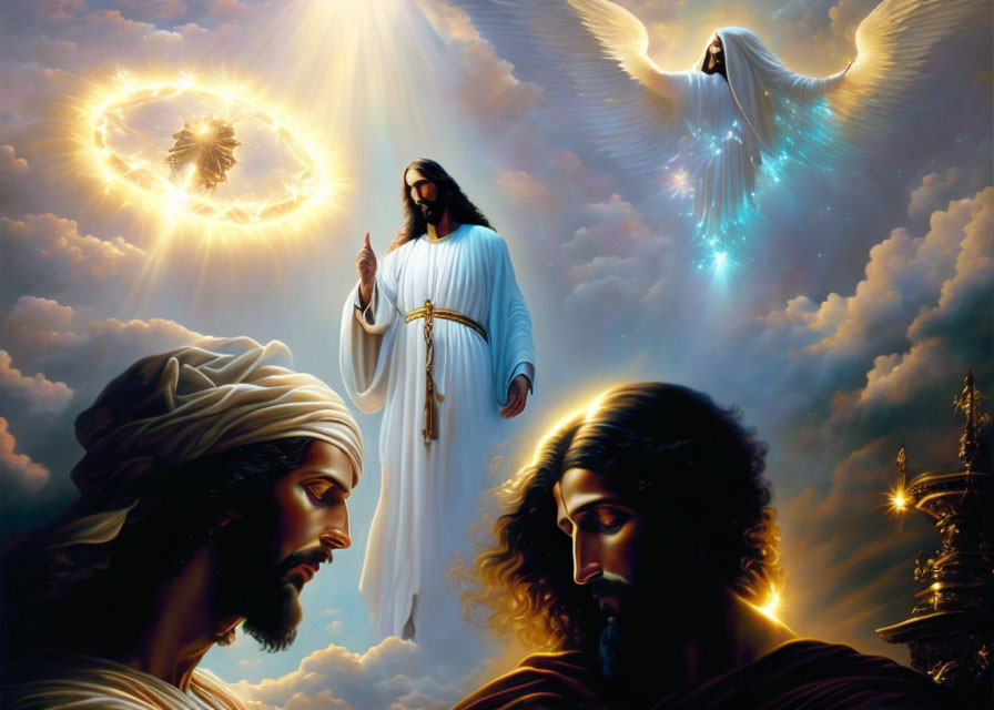 Celestial digital painting: robed figures, divine entity, Holy Spirit dove