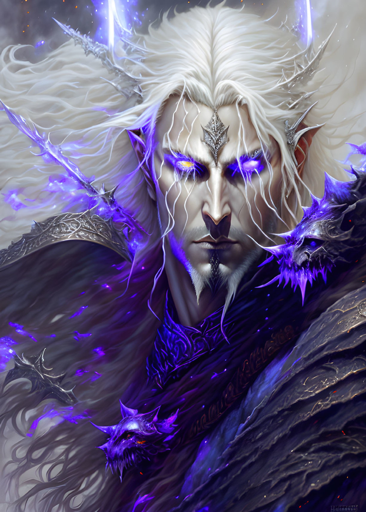 Pale-Skinned Elf in Silver Armor with Purple Energy